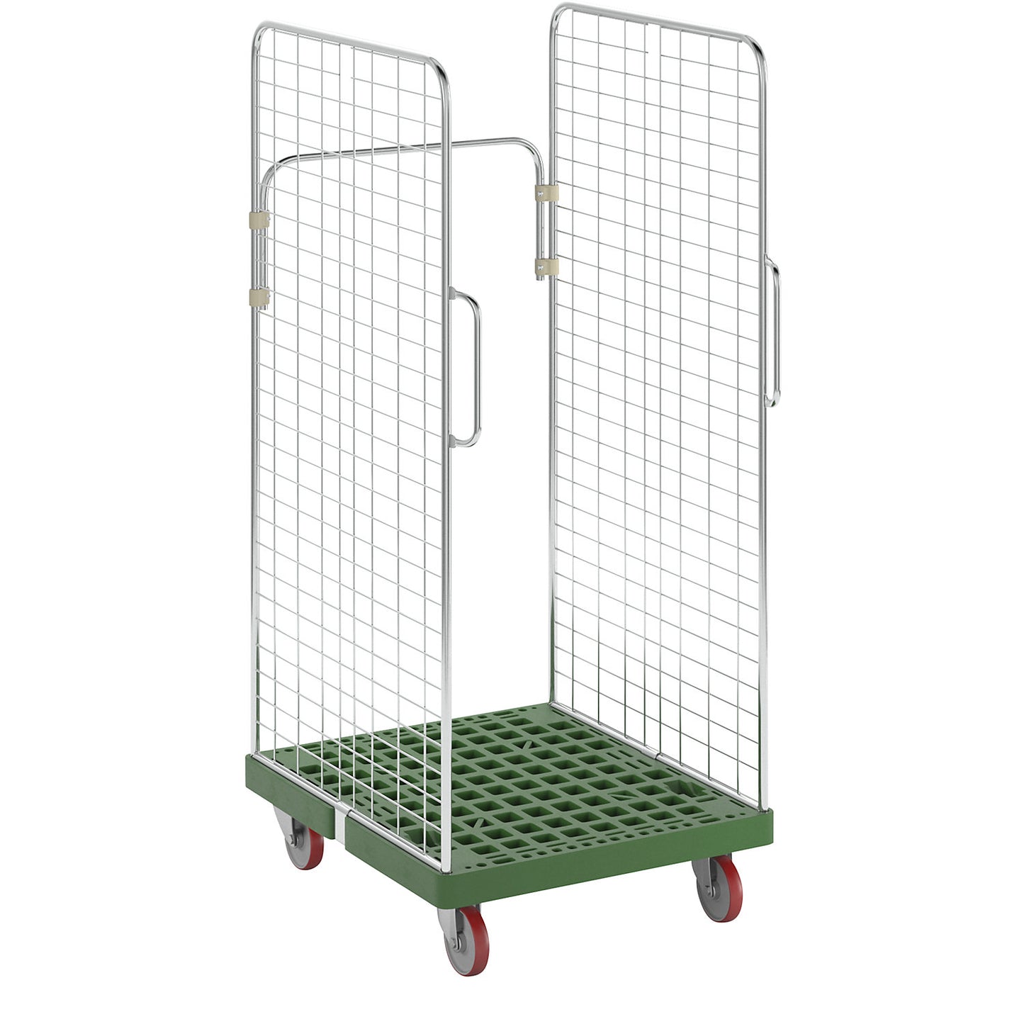 Roll container, 2 side mesh panels with safety handles, traffic green.