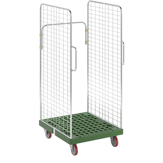 Roll container, 2 side mesh panels with safety handles, traffic green.