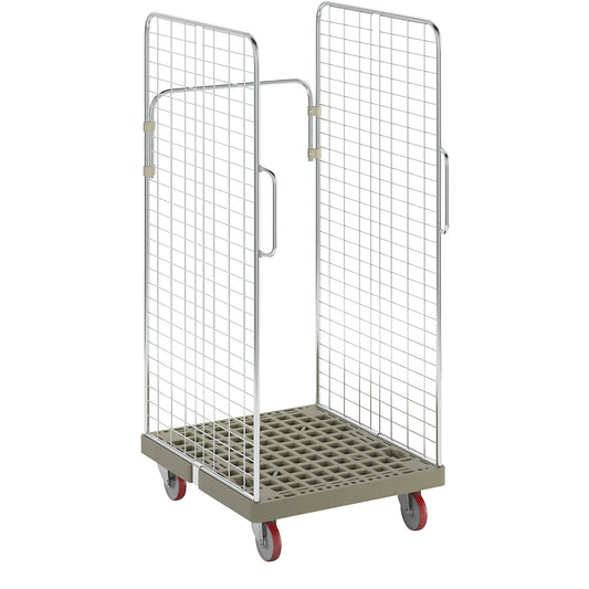 Roll container, 2 side mesh panels with safety handles, pebble grey.