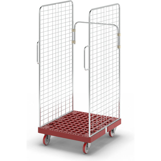 Roll container, 2 side mesh panels with safety handles, flame red.