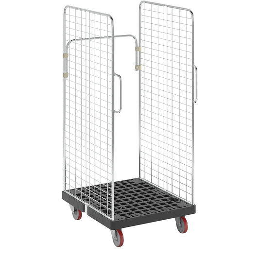 Roll container, 2 side mesh panels with safety handles, black, made of recycled plastic.