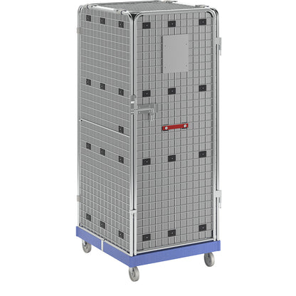 Anti-theft roll container, non-transparent, blue, with folding intermediate shelf.