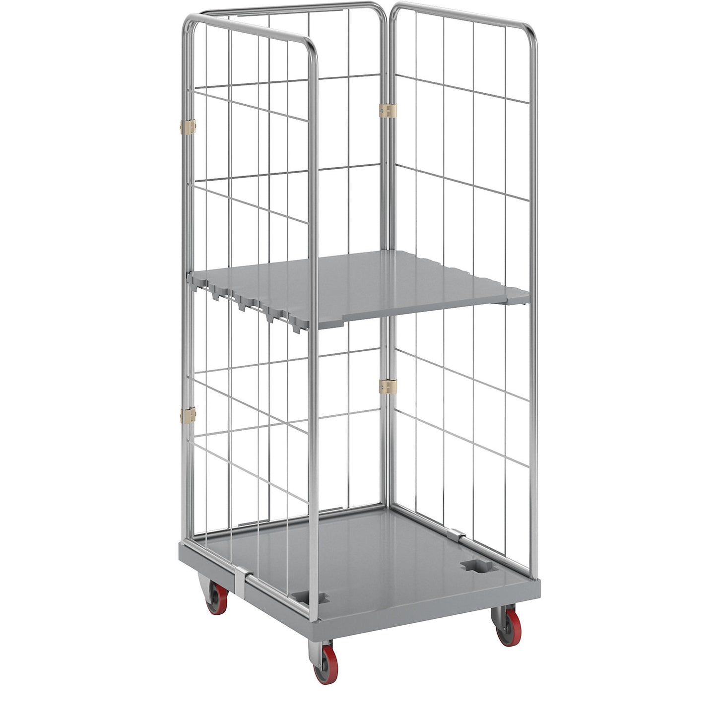 Hygienic roll container, stainless steel, with 3 mesh side panels.