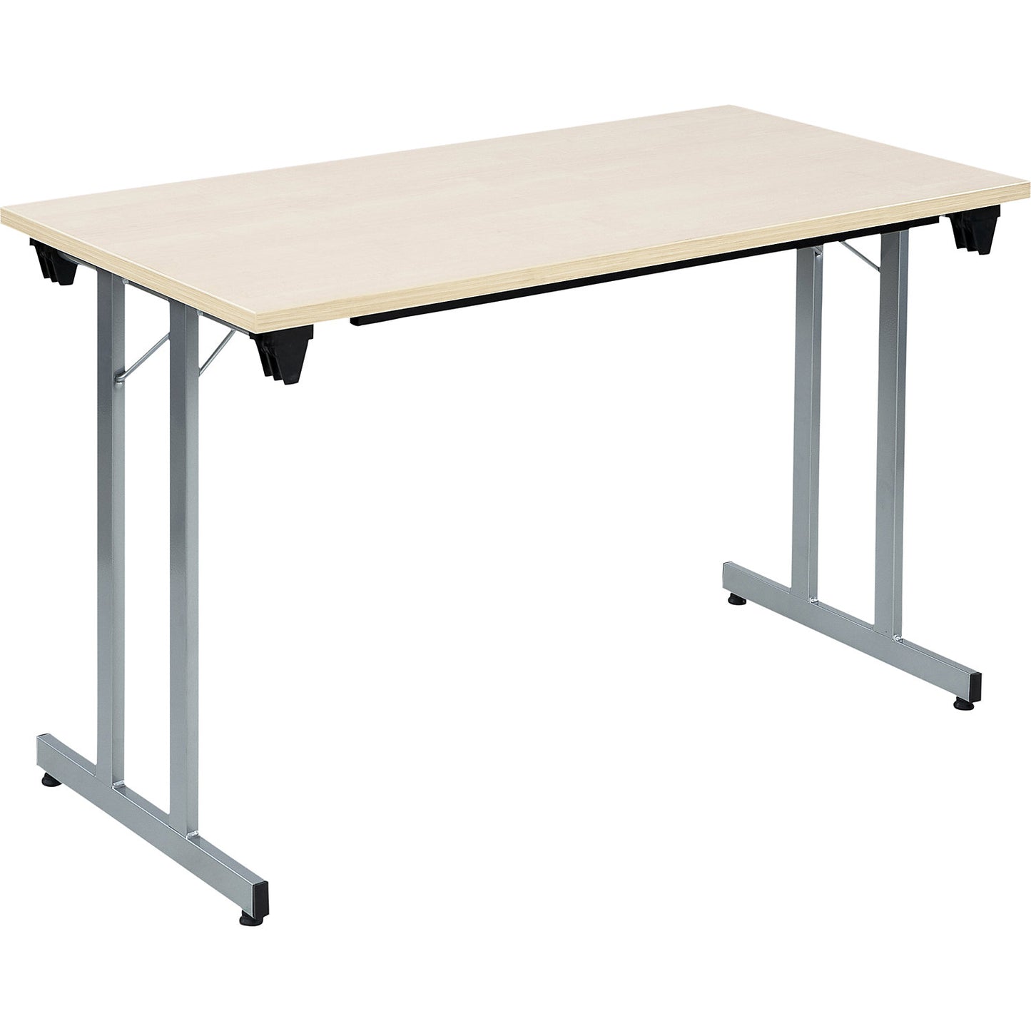 F25 folding table, WxD 1200 x 600 mm, maple finish worktop, aluminium silver frame.