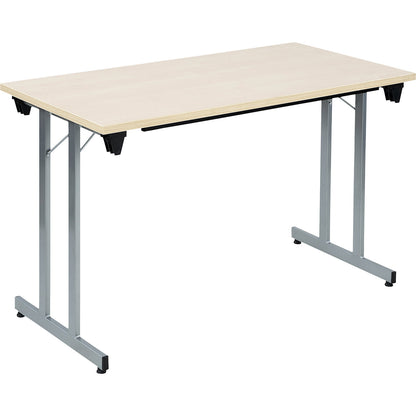 F25 folding table, WxD 1200 x 600 mm, maple finish worktop, aluminium silver frame.