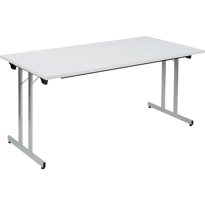 F25 folding table, WxD 1600 x 800 mm, light grey worktop, aluminium silver frame.