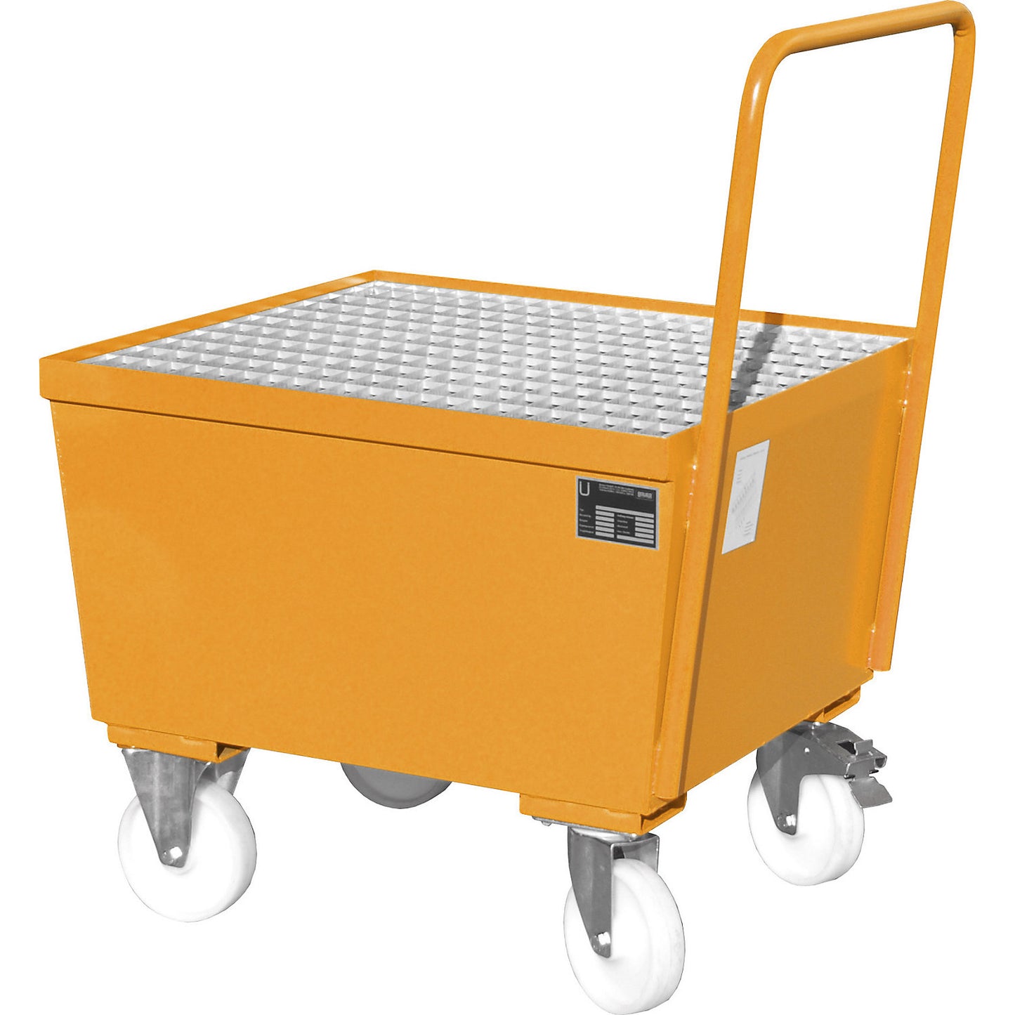 Mobile steel sump tray with edge profiles, for 200 l drum, 1 x upright, LxWxH 870 x 800 x 1110 mm, orange RAL 2000.
