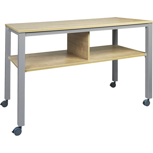 E2008 multifunctional table, mobile, frame in aluminium silver, worktop in beech finish.