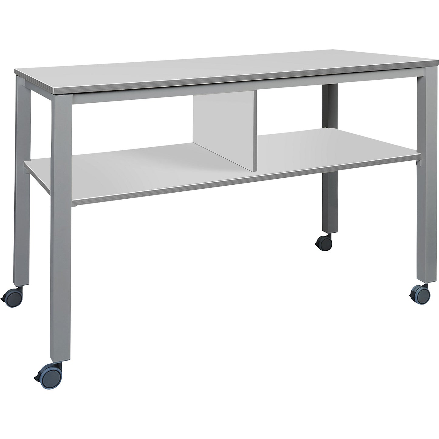 E2008 multifunctional table, mobile, frame in aluminium silver, worktop in grey.