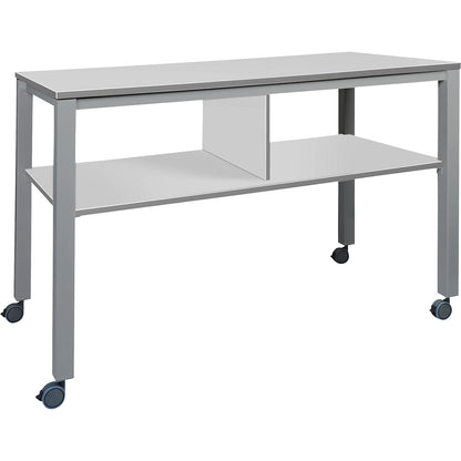 E2008 multifunctional table, mobile, frame in aluminium silver, worktop in grey.