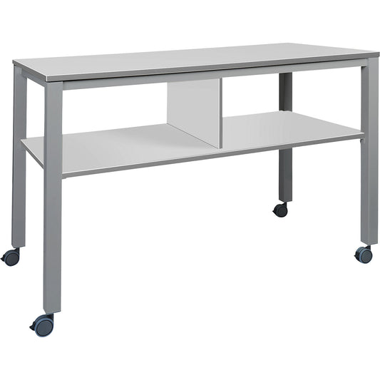 E2008 multifunctional table, mobile, frame in aluminium silver, worktop in grey.