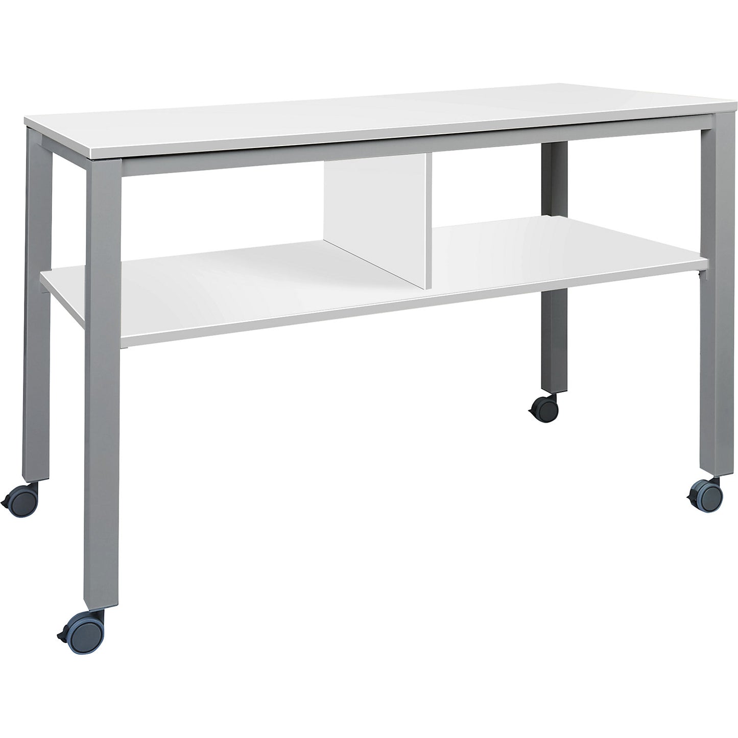 E2008 multifunctional table, mobile, frame in aluminium silver, worktop in white.