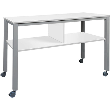 E2008 multifunctional table, mobile, frame in aluminium silver, worktop in white.