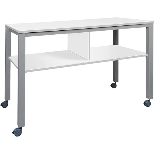 E2008 multifunctional table, mobile, frame in aluminium silver, worktop in white.