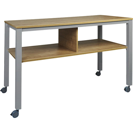 E2008 multifunctional table, mobile, frame in aluminium silver, worktop in oak finish.