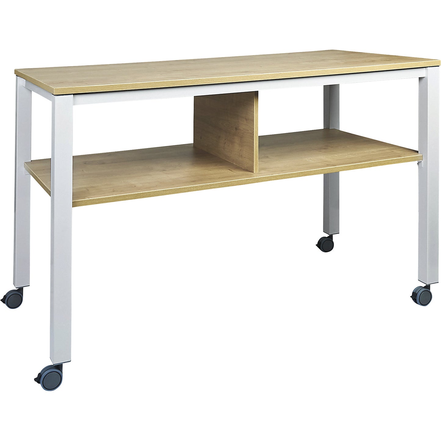 E2008 multifunctional table, mobile, frame in white, worktop in beech finish.