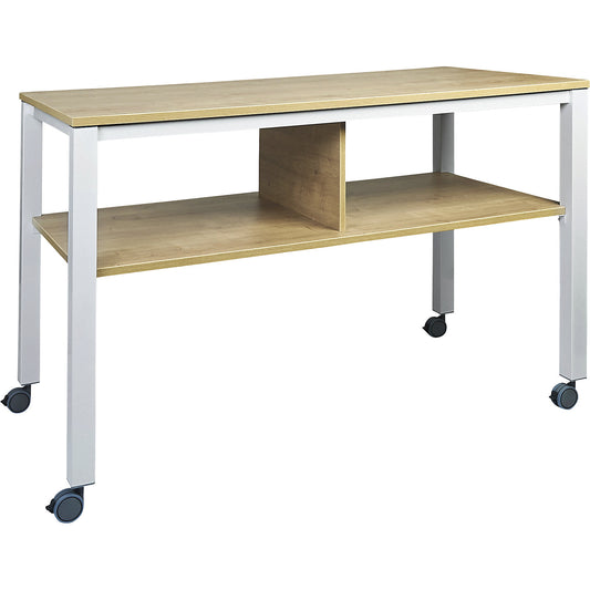 E2008 multifunctional table, mobile, frame in white, worktop in beech finish.