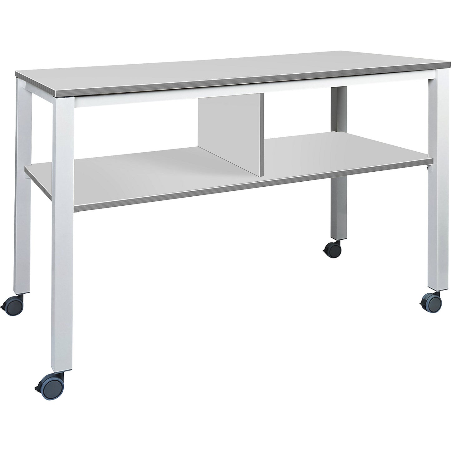 E2008 multifunctional table, mobile, frame in white, worktop in grey.