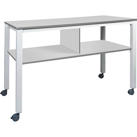 E2008 multifunctional table, mobile, frame in white, worktop in grey.