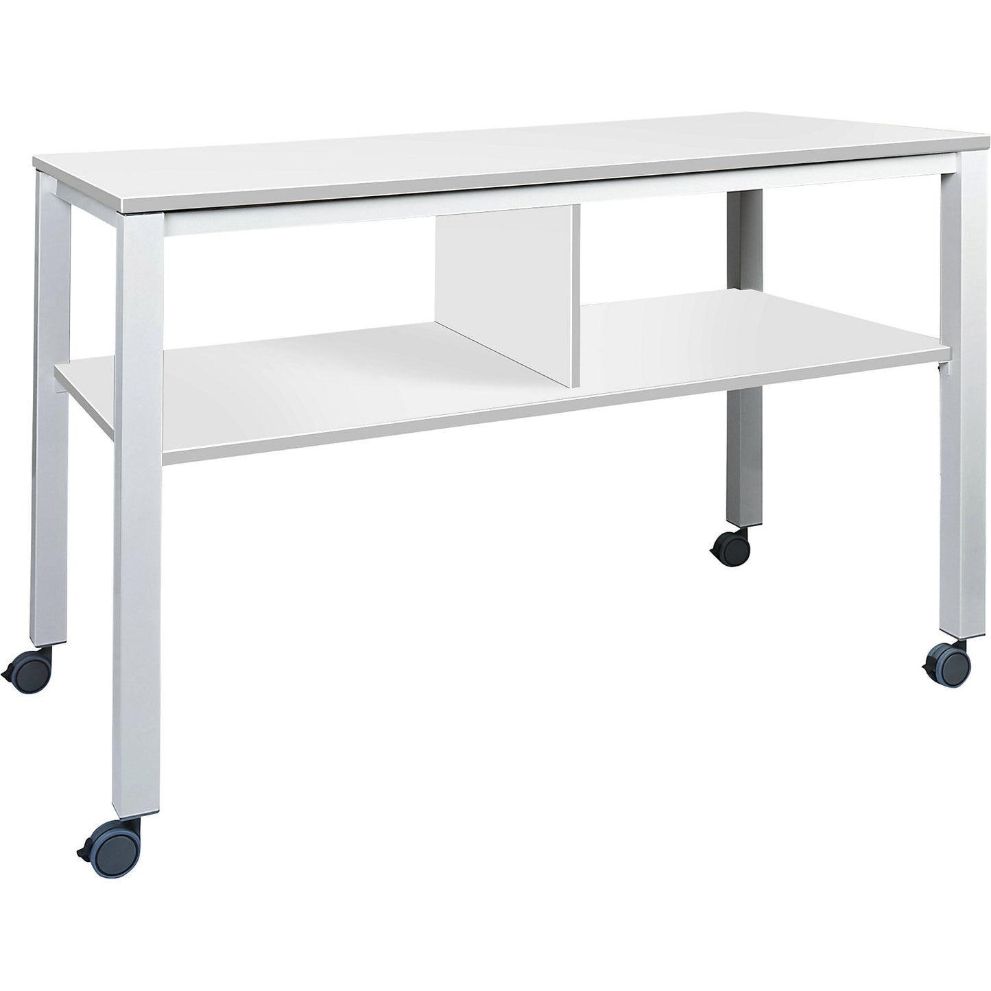 E2008 multifunctional table, mobile, frame in white, worktop in white.