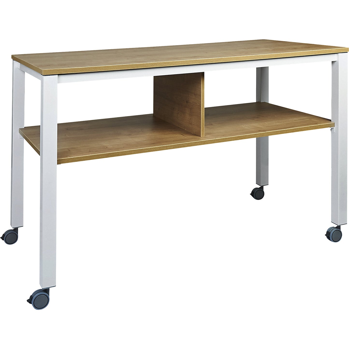 E2008 multifunctional table, mobile, frame in white, worktop in oak finish.