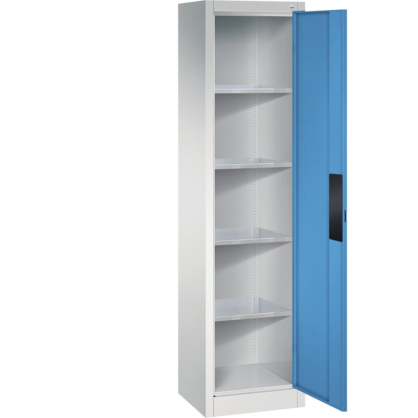 Heavy duty workshop cupboard, width 502 mm, depth 400 mm, light blue door.