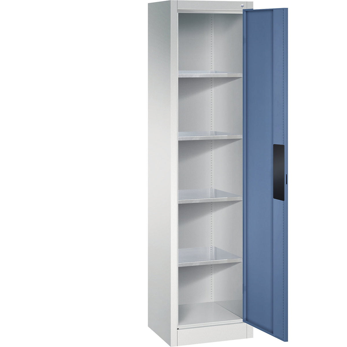 Heavy duty workshop cupboard, width 502 mm, depth 400 mm, distant blue door.