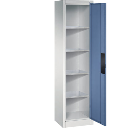 Heavy duty workshop cupboard, width 502 mm, depth 400 mm, distant blue door.