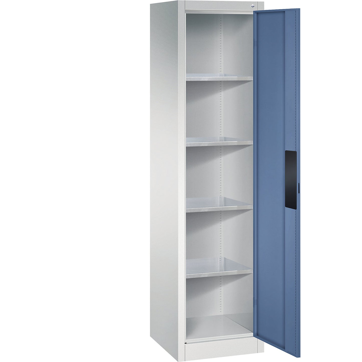 Heavy duty workshop cupboard, width 502 mm, depth 500 mm, distant blue door.