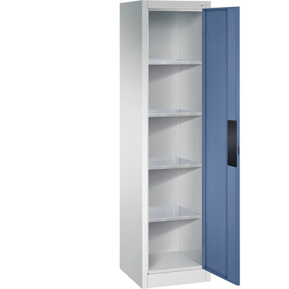 Heavy duty workshop cupboard, width 502 mm, depth 500 mm, distant blue door.