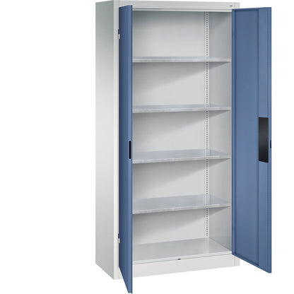 Heavy duty workshop cupboard, width 930 mm, depth 400 mm, distant blue door.