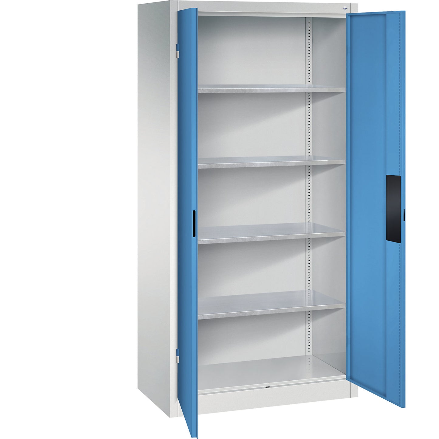 Heavy duty workshop cupboard, width 930 mm, depth 500 mm, light blue door.