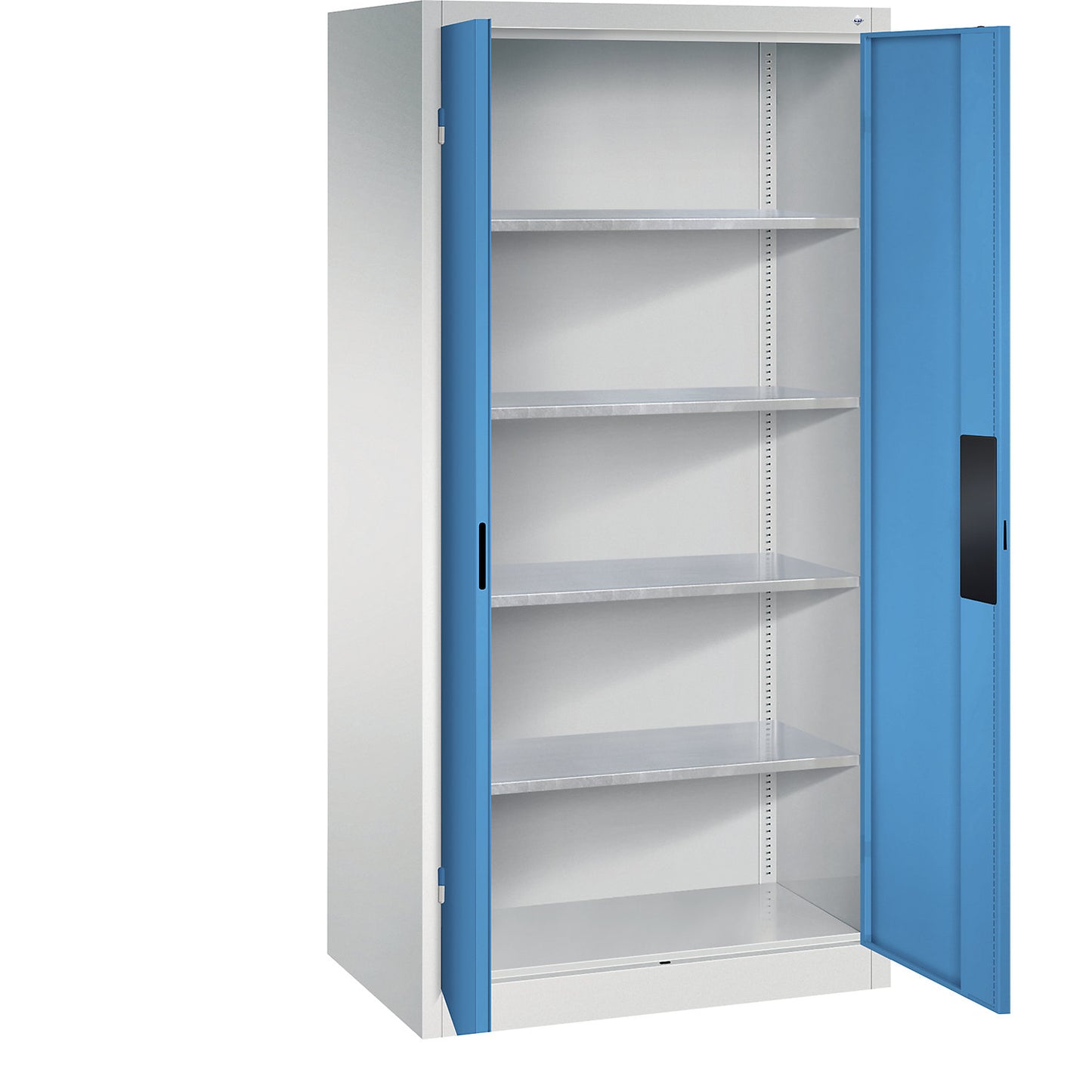 Heavy duty workshop cupboard, width 930 mm, depth 600 mm, light blue door.