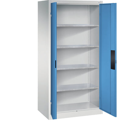 Heavy duty workshop cupboard, width 930 mm, depth 600 mm, light blue door.