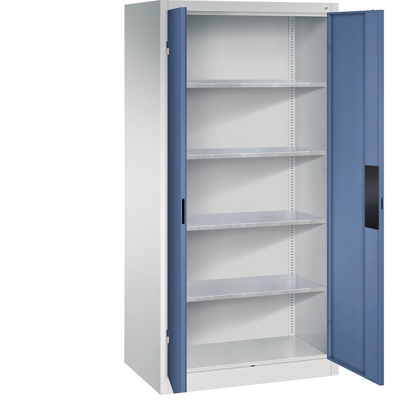 Heavy duty workshop cupboard, width 930 mm, depth 600 mm, distant blue door.