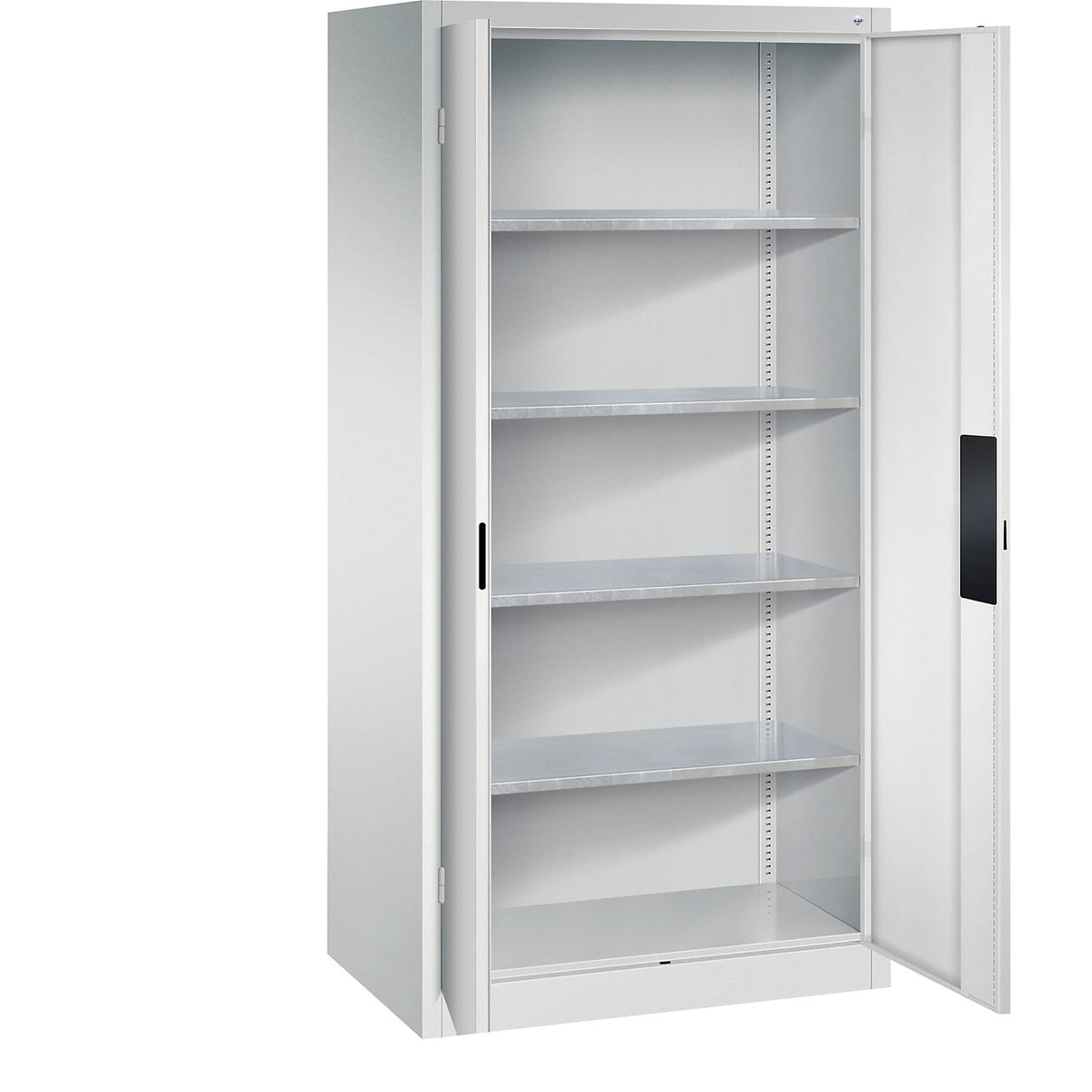 Heavy duty workshop cupboard, width 930 mm, depth 600 mm, light grey door.