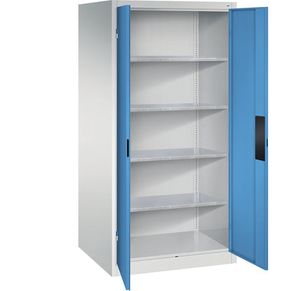 Heavy duty workshop cupboard, width 930 mm, depth 800 mm, light blue door.