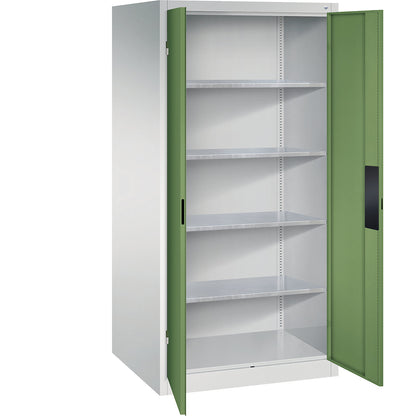 Heavy duty workshop cupboard, width 930 mm, depth 800 mm, reseda green door.