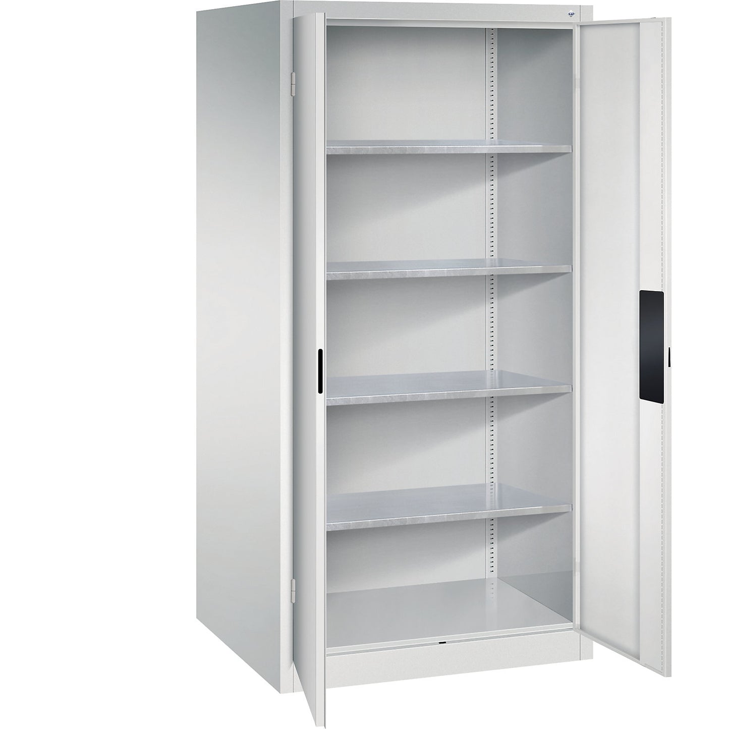 Heavy duty workshop cupboard, width 930 mm, depth 800 mm, light grey door.