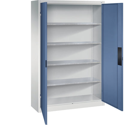Heavy duty workshop cupboard, width 1200 mm, depth 400 mm, distant blue door.