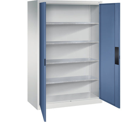 Heavy duty workshop cupboard, width 1200 mm, depth 600 mm, distant blue door.