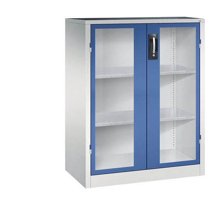 Vision panel double door cupboard, HxWxD 1200 x 930 x 500 mm, 2 shelves, light grey / gentian blue.