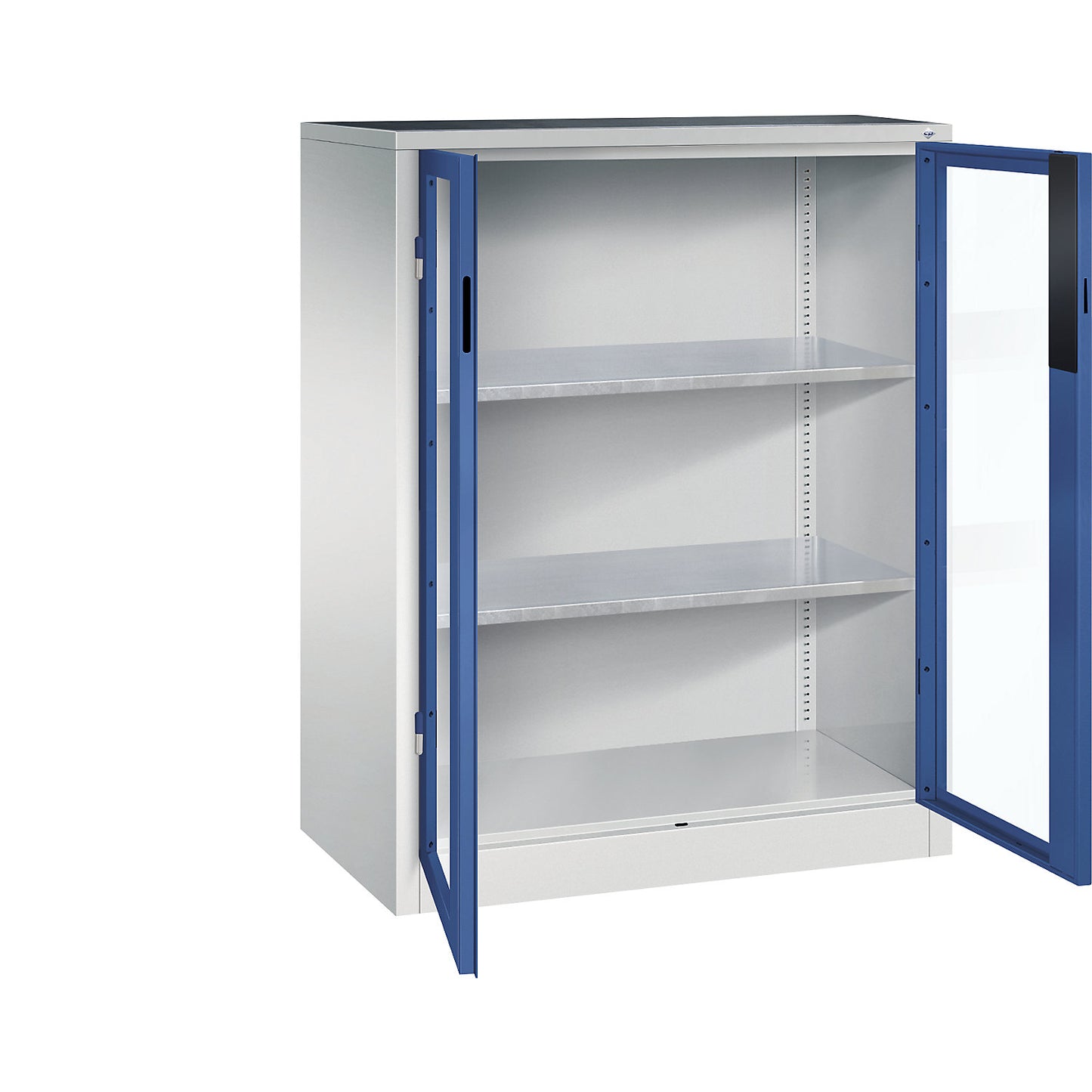 Vision panel double door cupboard, HxWxD 1200 x 930 x 500 mm, 2 shelves, light grey / gentian blue.