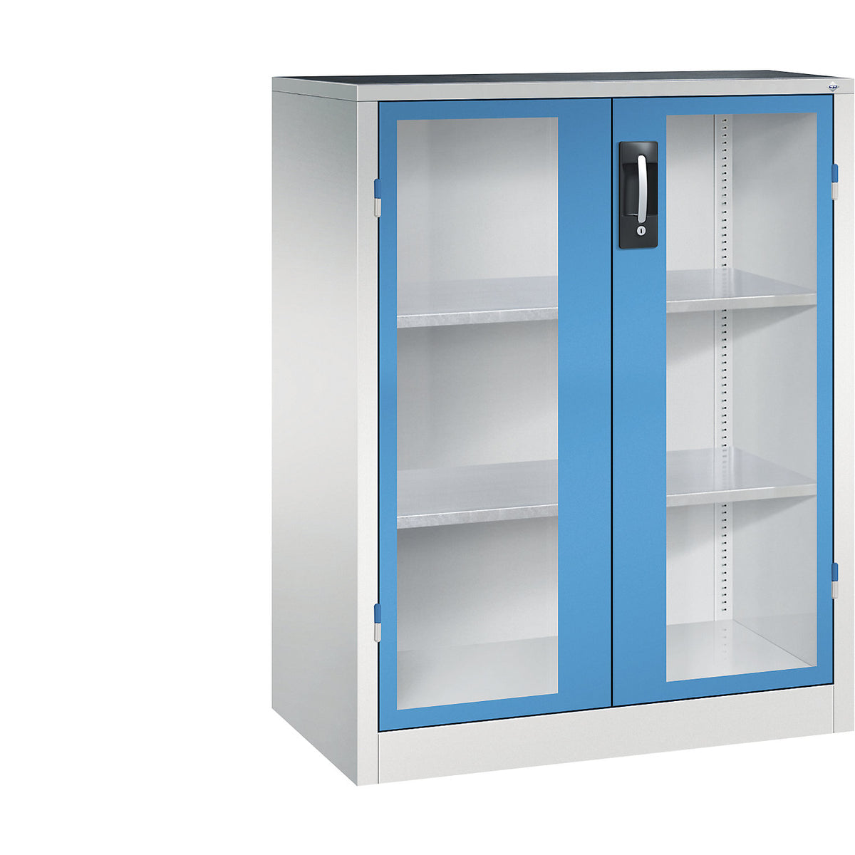 Vision panel double door cupboard, HxWxD 1200 x 930 x 500 mm, 2 shelves, light grey / light blue.