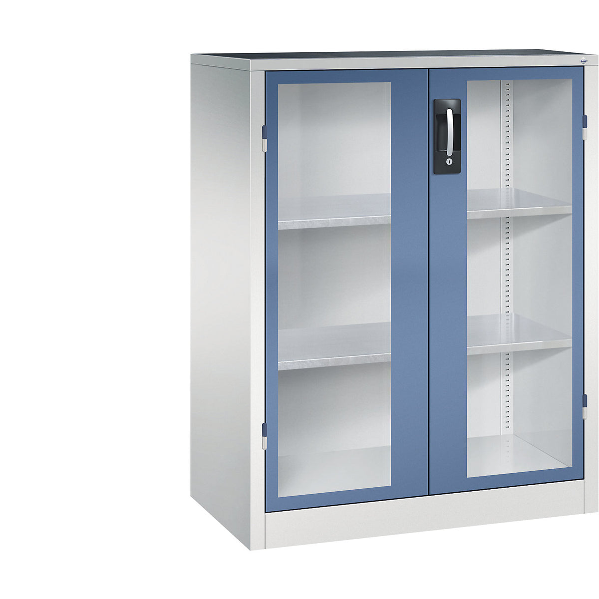 Vision panel double door cupboard, HxWxD 1200 x 930 x 500 mm, 2 shelves, light grey / distant blue.