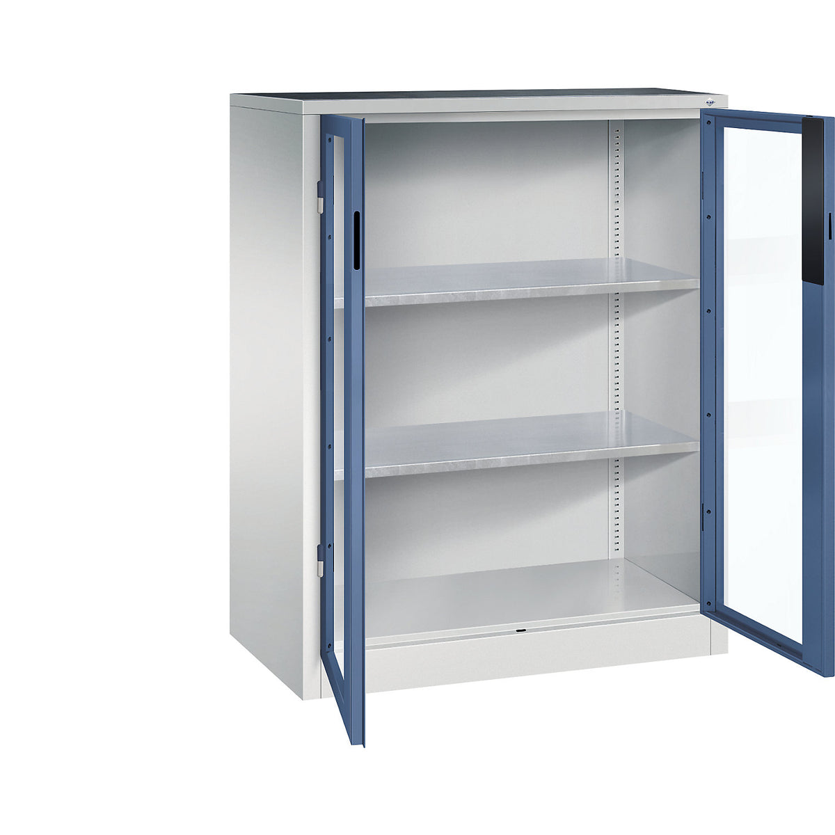 Vision panel double door cupboard, HxWxD 1200 x 930 x 500 mm, 2 shelves, light grey / distant blue.