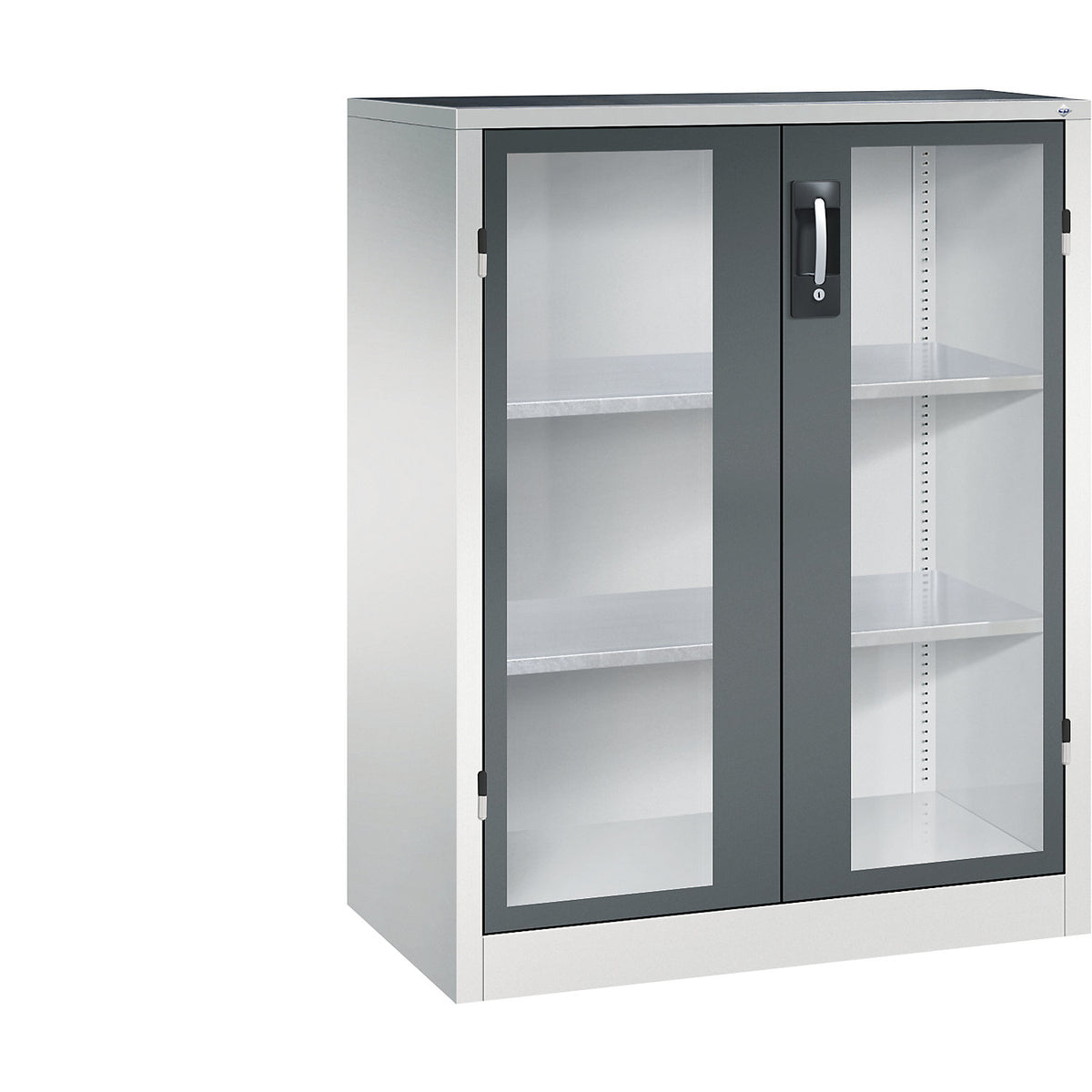 Vision panel double door cupboard, HxWxD 1200 x 930 x 500 mm, 2 shelves, light grey / charcoal.