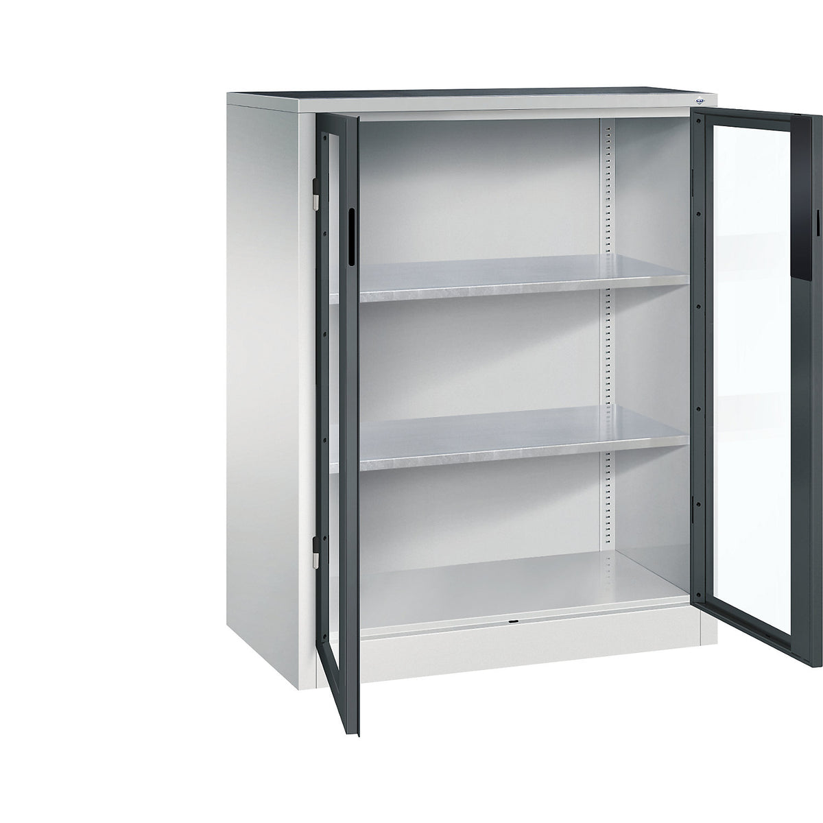 Vision panel double door cupboard, HxWxD 1200 x 930 x 500 mm, 2 shelves, light grey / charcoal.