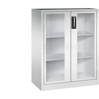 Vision panel double door cupboard, HxWxD 1200 x 930 x 500 mm, 2 shelves, light grey / light grey.