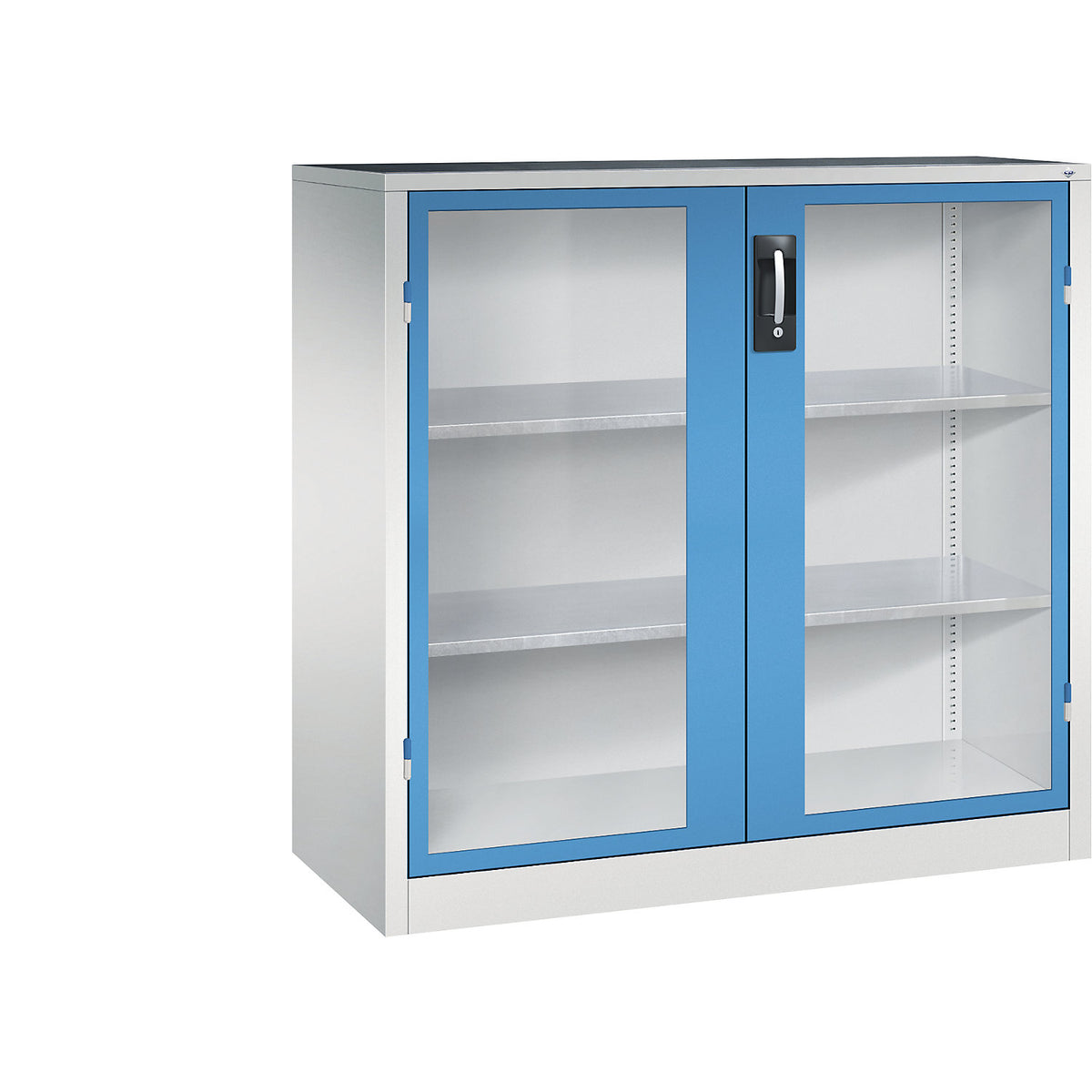 Vision panel double door cupboard, HxWxD 1200 x 1200 x 500 mm, 2 shelves, light grey / light blue.